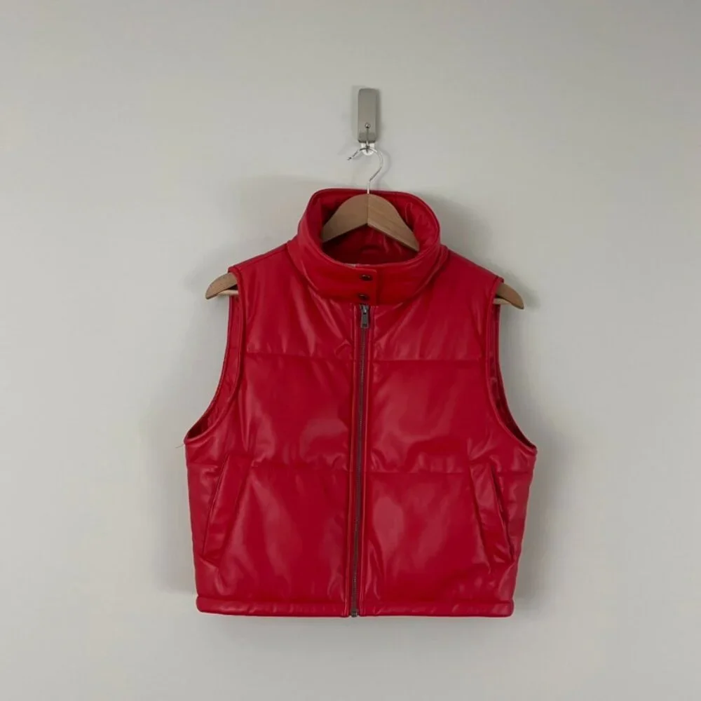 Anthropologie Red Faux Leather Vegan Cropped Puffer Vest Size XXS